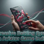 A player's hands holding a phone displaying a glowing interface about progressive betting systems in Aviator Game India, with