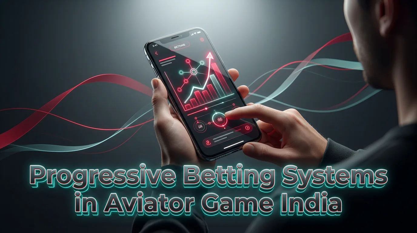 A player's hands holding a phone displaying a glowing interface about progressive betting systems in Aviator Game India, with